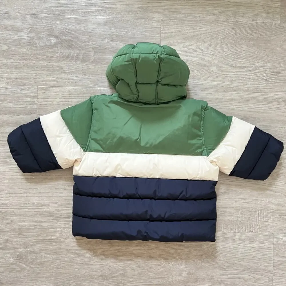 Petit Bateau Boys Puffer Jacket Baby 12M Green Navy Colorblock Hooded Fleece New